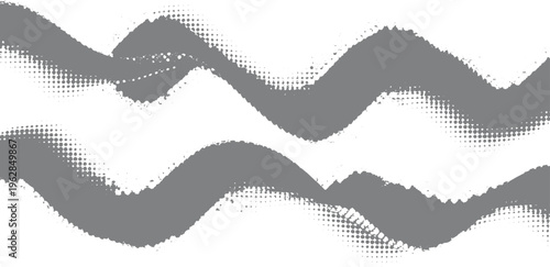 Two wavy grey bands with halftone dot patterns on white background abstract wave