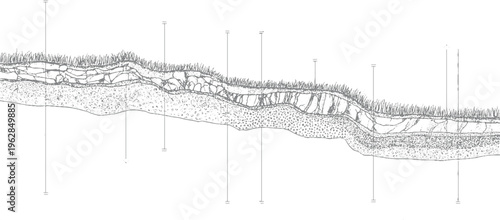 Detailed cross section of soil layers with grass and rocks earth ground