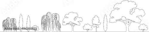 A diverse collection of stylized trees and shrubs depicted in a simple grey outline against a white background