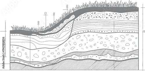 Cross section of soil layers with grass and geological strata