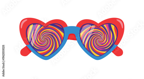 Heart-shaped sunglasses with red and blue frames featuring colorful spiral patterns on the lenses are centered on a solid white background.