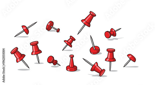 A group of thirteen red plastic push pins with silver metal needles is scattered in various orientations across a clean white surface.