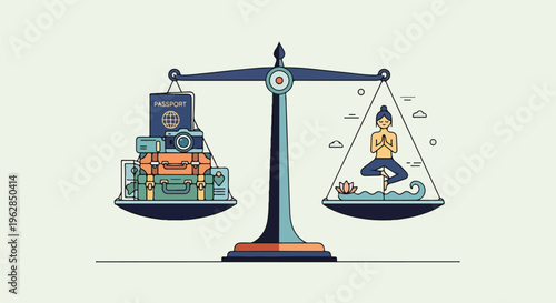 A balance scale shows travel luggage versus person doing yoga