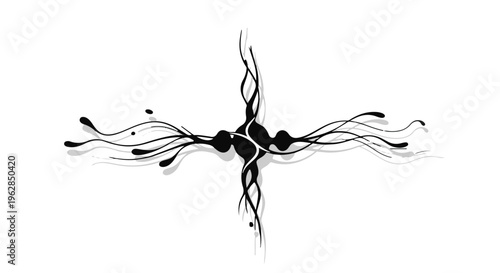 Abstract organic tendrils in a symmetrical cross formation with delicate wisps and solid dark nodes, creating a dynamic visual flow against a stark white background.