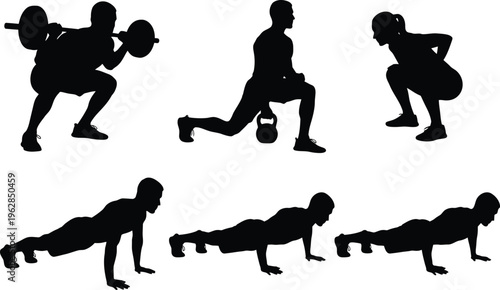 Silhouette illustrations of people performing various exercises and workouts