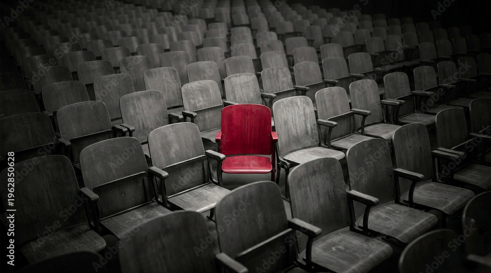 Fototapeta premium Single red chair standing out in a dark auditorium, concept of individuality, leadership and courage to be different
