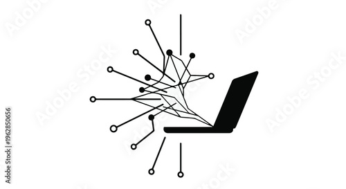 Laptop computer icon illustrates a dynamic flow of interconnected data points and network signals, symbolizing global communication and information processing in the digital age.