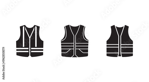 Three black safety vests with white stripes in different views and positions  front and back  for construction or emergency workers