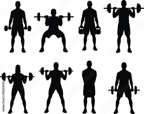 Silhouette of various gym exercises with dumbbells for fitness and strength