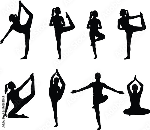 Yoga poses silhouette illustrations for fitness and wellness