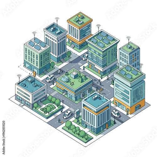 Isometric illustration of a connected, modern city with futuristic elements
