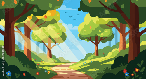 Pixelated forest scene with a path, sunlight, trees, and sky