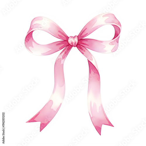 A delicate watercolor painting featuring a soft pink ribbon tied into a lovely bow with gentle flowing fabric ends isolated on transparent background