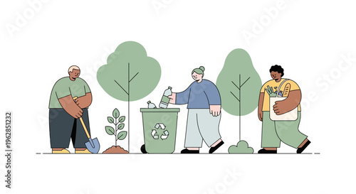 People engaging in eco friendly activities with recycling and planting trees together outside