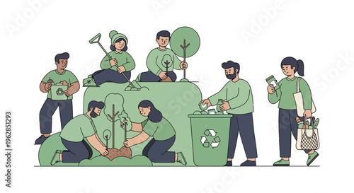 People engaging in eco friendly activities with recycling and planting
