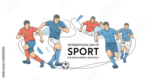 Illustration of soccer players in action on International Day of Sport for Development and Peace, promoting unity and social change through sports with a vibrant design.