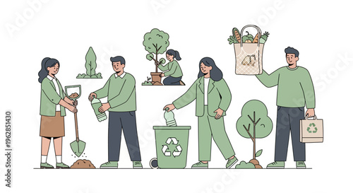 People engaging in eco friendly activities with recycling and planting trees together