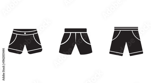 Three black shorts with white outlines in different views  front side and back  for fashion design or sports apparel