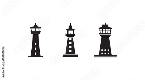 Three black silhouette lighthouse towers with windows and balconies on white background  lighthouse silhouettes  iconic navigation aids