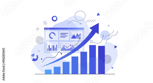 Vector graphic showing business growth with a blue bar chart and dashboard