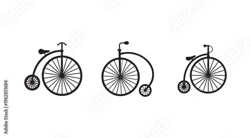 Three black silhouette penny farthing bicycles with different wheel positions and handlebar angles on white background