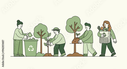 People engaging in eco friendly activities with recycling and tree planting