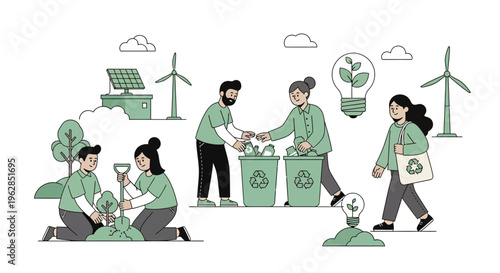People engaging in eco friendly activities with recycling and green technology