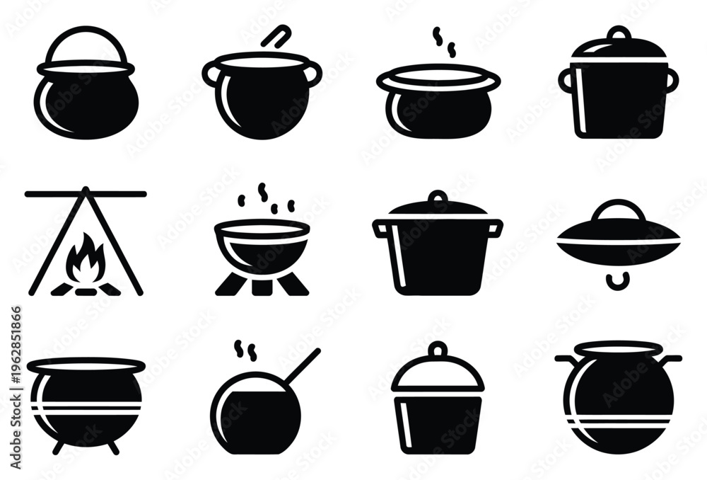 Fototapeta premium Black Cauldron Vector Icons Set