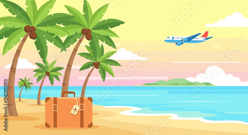 Vintage suitcase on a tropical beach with palm trees and airplane flying overhead