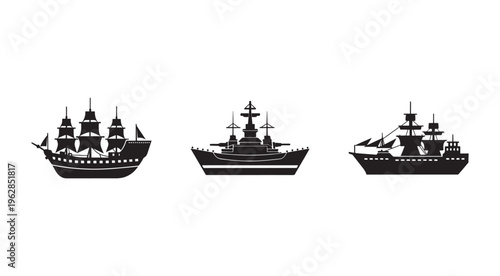 Three black silhouette warships with sails and guns on white background  naval vessels and boats for graphic design and illustration