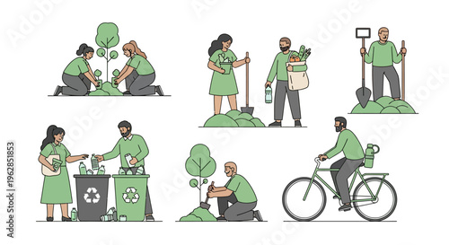 People engaging in various eco friendly activities and sustainable living practices together