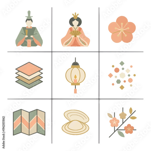 北欧風和モダンなひな祭りアイコン9種セット 白背景に孤立したミニマルな桃の節句のイラスト 春の慶事やデザインに最適な高品質素材