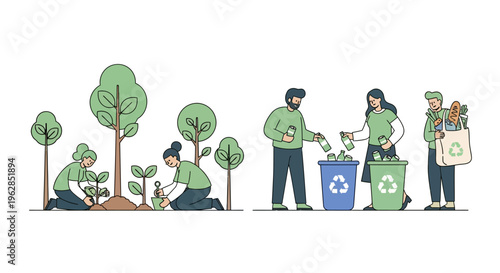 People engaging in eco friendly activities with recycling bins and green plants
