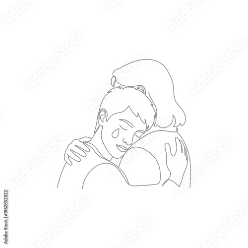 Minimal Line Art Crying Person Hugging for Support – Emotional Comfort, Mental Health and Empathy Illustration