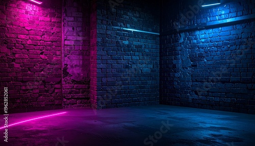 Dark Room with Neon Blue and Pink Lights on Brick Wall Background for Night Club Stage Studio Interior or Futuristic Product Showcase Space