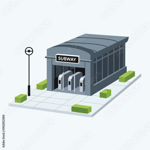 Isometric illustration of a subway station entrance with turnstiles