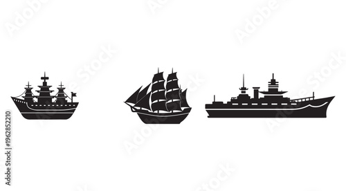 Three black silhouettes of different ships on white background  naval fleet icons  warship  sailing ship  cargo vessel