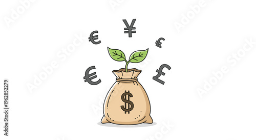 A hand-drawn illustration of a tan burlap money sack with a green sprout growing from the top surrounded by floating gray international currency symbols on a plain white background.