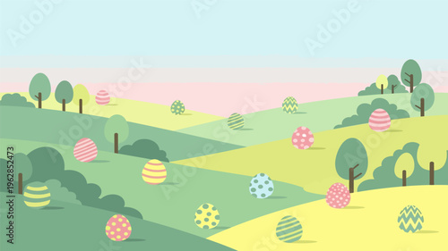 Pastel spring landscape with rolling hills flowers and easter eggs illustration
