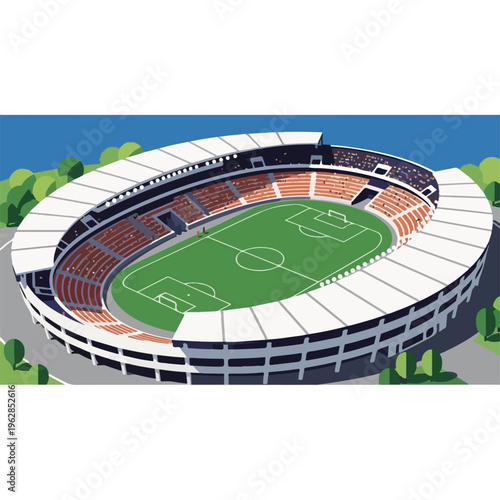 Pixelated illustration of a circular stadium with green field and seating