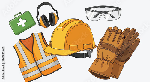 Flat lay of safety gear for World Day for Safety and Health at Work including hard hat, gloves, goggles, ear protectors, first aid kit, and vest on white background