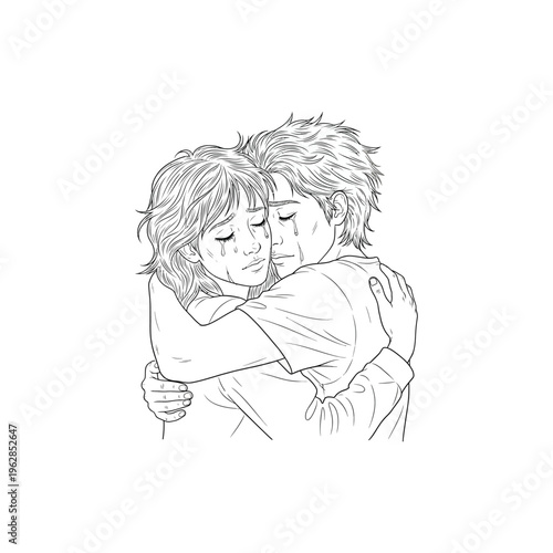 Emotional Couple Hugging and Crying – Sadness, Support, Love, Healing and Mental Health Line Art Illustration
