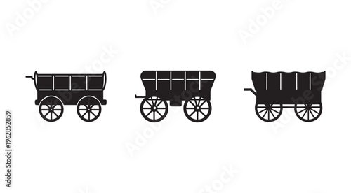Three black silhouettes of old covered wagons with wheels on white background  old west american pioneer transportation