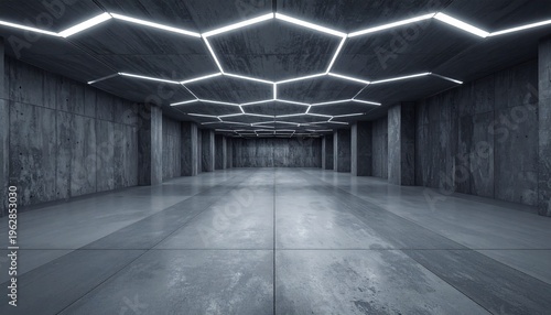 Futuristic Empty Concrete Hall with Glowing Hexagonal Ceiling Lights in Modern Industrial Showroom Interior for Car Presentation and Design