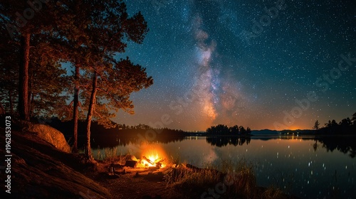 Campfire by serene lake at dusk.