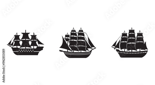 Three black silhouettes of sailing ships with multiple masts and sails on white background