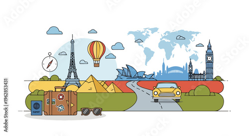 A cartoon illustration of world travel, landmarks and journey's components