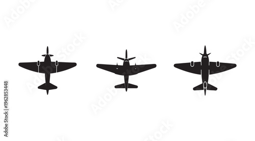 Three black silhouettes of vintage airplanes in different views  side and front  isolated on white background