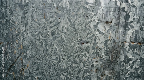 Galvanized metal surface displays a distinctive crystalline spangle pattern texture.