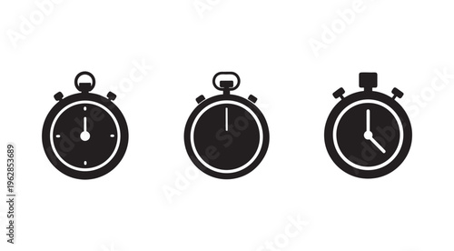 Three black stopwatch icons in different positions on white background  clock symbols for time measurement and sports timing